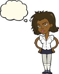 cartoon woman with hands on hips with thought bubble