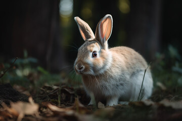 Cute easter bunny in the forest. Generative AI