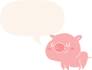 cute cartoon pig and speech bubble in retro style
