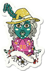 singing half orc bard character with natural twenty dice roll illustration