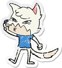 distressed sticker of a clever cartoon fox