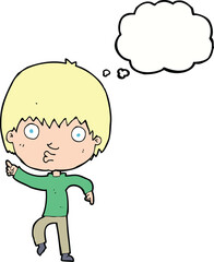 cartoon impressed boy pointing with thought bubble