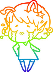 rainbow gradient line drawing cartoon crying alien girl