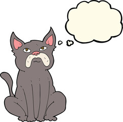 cartoon grumpy little dog with thought bubble