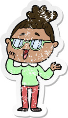 distressed sticker of a cartoon happy woman wearing spectacles
