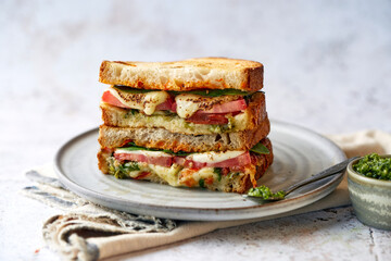 Cheese, tomato and spinach toasted sandwich with pesto