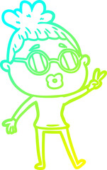 cold gradient line drawing cartoon woman making peace sign