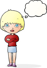cartoon woman with crossed arms with thought bubble
