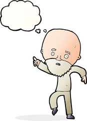 cartoon worried old man pointing with thought bubble