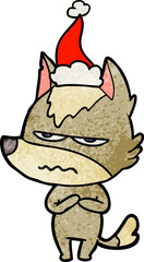 textured cartoon of a annoyed wolf wearing santa hat