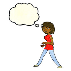 cartoon woman walking with thought bubble