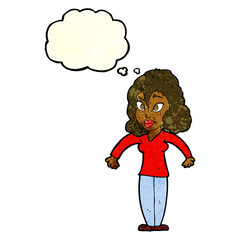 cartoon woman shrugging shoulders with thought bubble