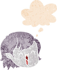 cartoon vampire girl face and thought bubble in retro textured style