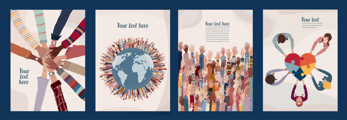 Naklejka na ściany i meble Volunteer people group concept flyer brochure poster editable template.Multicultural people with raised hands. People diversity holding heart.Hands in a circle. Solidarity.NGO Aid concept