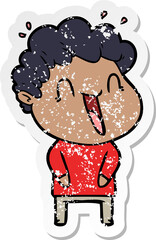 distressed sticker of a cartoon happy man