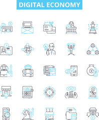 Digital economy vector line icons set. digital, economy, technology, online, commerce, services, finance illustration outline concept symbols and signs
