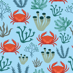 Seamless Marine Life Pattern Vector Crabs Seaweed Coral