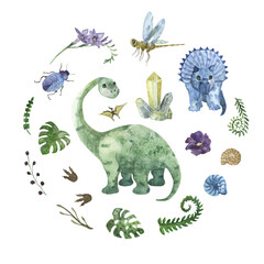 Set of elements with dinosaurs. triceratops, brachiosaurus, insects, crystal, ammonites, flowers, plants, dinosaur tracks. For kindergartens, twxtile, fabric, bed linen, pajamas. Paleontology