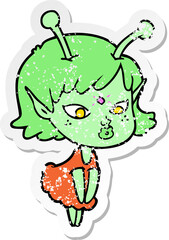 distressed sticker of a pretty cartoon alien girl
