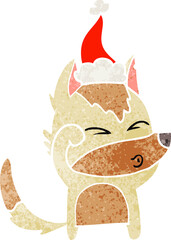retro cartoon of a wolf pouting wearing santa hat