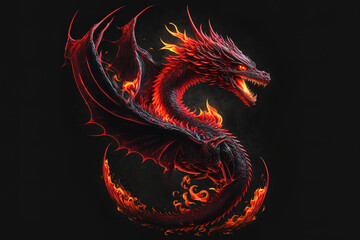 Full length angry red dragon with big wings and fire on black background, generative ai.