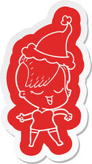 happy cartoon  sticker of a girl wearing santa hat
