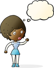 cartoon woman waving with thought bubble