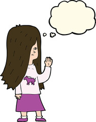cartoon girl with pony shirt waving with thought bubble