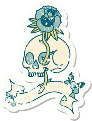 grunge sticker with banner of a skull and rose