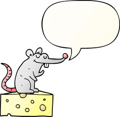 cartoon mouse sitting on cheese and speech bubble in smooth gradient style