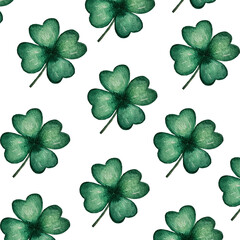 Watercolor clover pattern. Hand drawn, isolated on white background. Lucky charm, St Patrick's day.