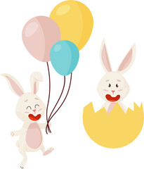 Two Happy Easter Rabbits with Ballons and Broken Shell.PNG