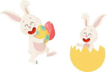 Two Happy Easter Rabbits with Eggs and Broken Shell. PNG