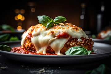 Baked chicken parmesan with marinara sauce and melted mozzarella cheese