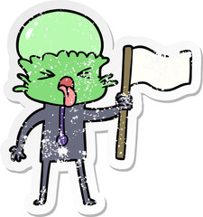 distressed sticker of a weird cartoon alien waving flag