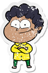 distressed sticker of a cartoon happy man