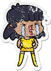 distressed sticker of a cartoon woman crying