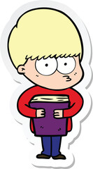 Obraz premium sticker of a nervous cartoon boy holding book
