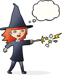 cartoon witch girl casting spell with thought bubble