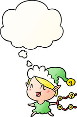 cartoon happy christmas elf and thought bubble in smooth gradient style