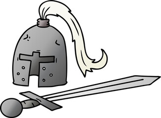 gradient cartoon doodle of a medieval helmet and sword