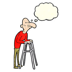 cartoon old man with walking frame with thought bubble