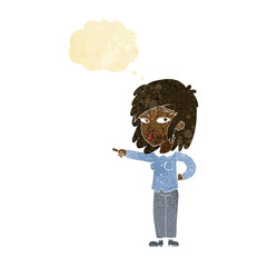 cartoon woman pointing with thought bubble