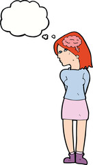 cartoon brainy woman with thought bubble