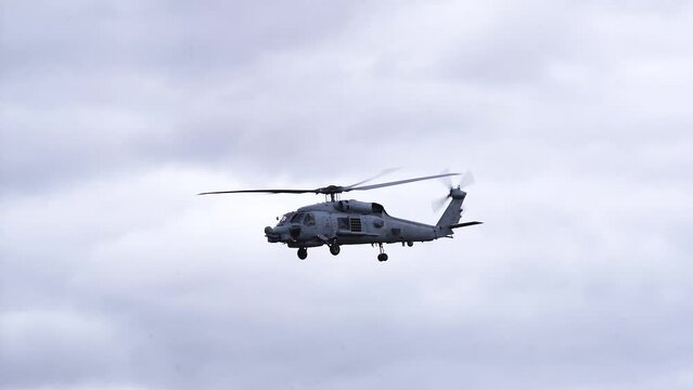 MH-60R Seahawk Helicopter Flying Against Cloudy Sky - low angle