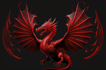 Fototapeta premium Full length angry red dragon with big wings and fire on black background, generative ai.