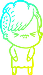 cold gradient line drawing cartoon annoyed hipster girl
