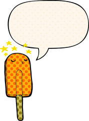 cartoon ice lolly and speech bubble in comic book style
