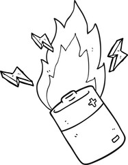 black and white cartoon flaming battery
