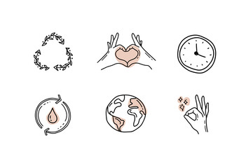 Ecology hand drawn icon set, nature and environment. Save the planet. Protection, planet care, natural recycling power.